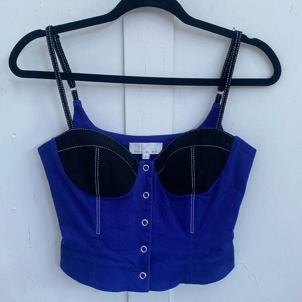 Fleur du Mal Sz 6 Bustier Corset Two Tone Denim Royal Blue Black Crop Top Strap